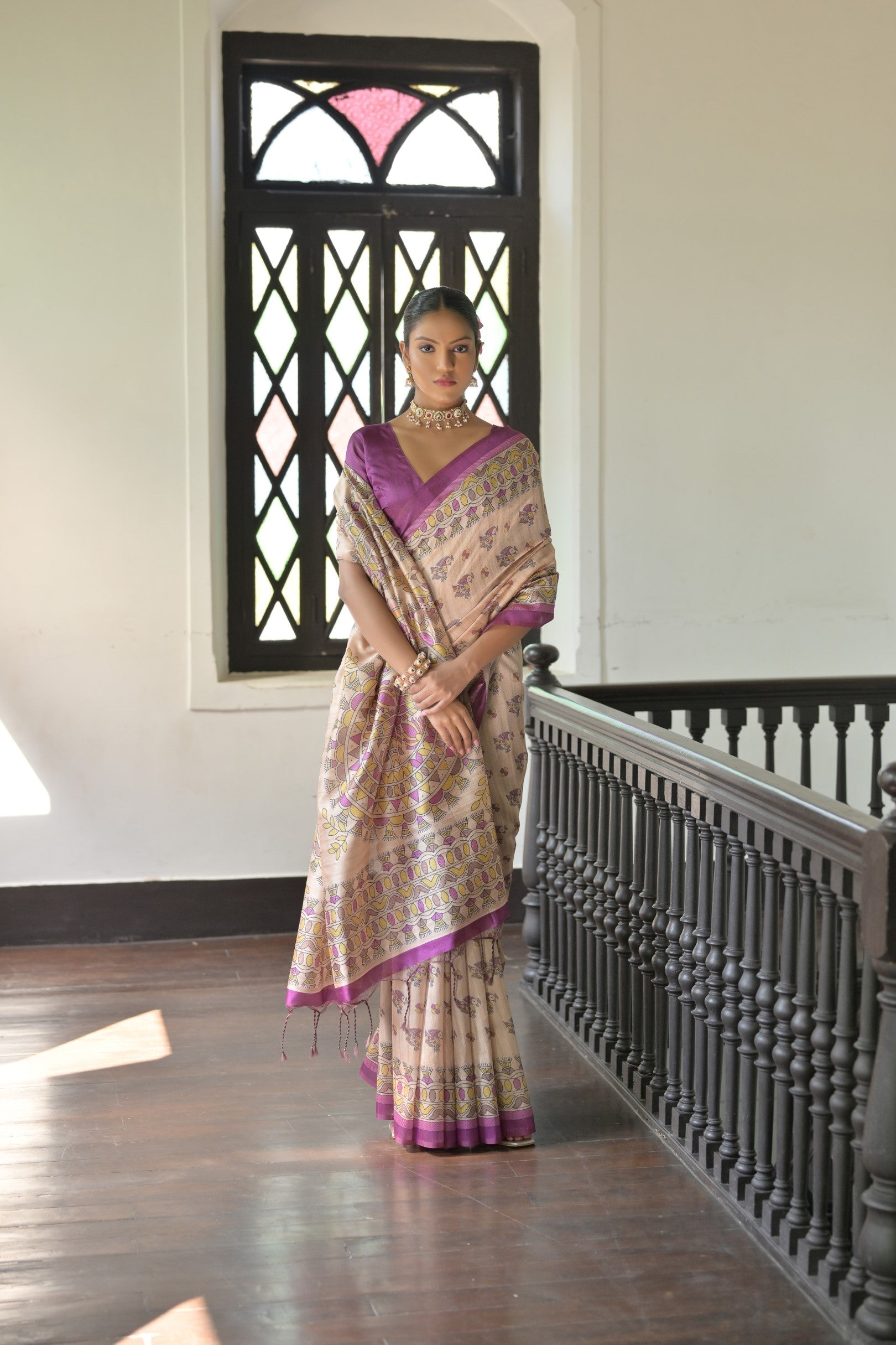 Sidecar Cream and Purple Madhubani Printed Tussar Silk Saree