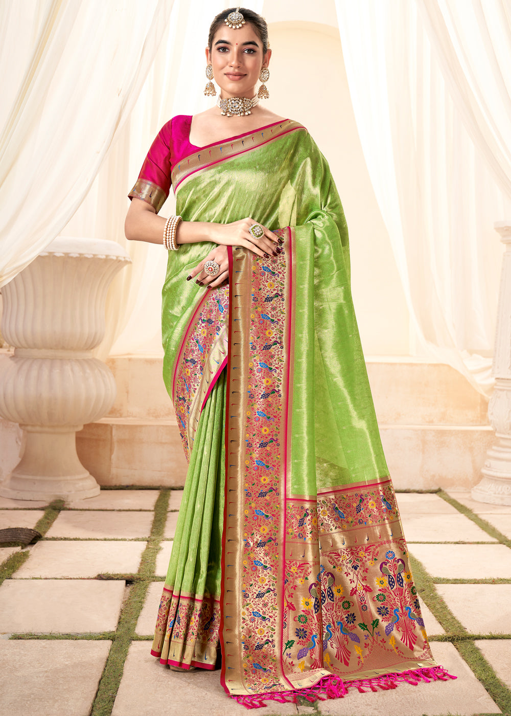 Parrot Green Woven Paithani Tissue Silk Saree