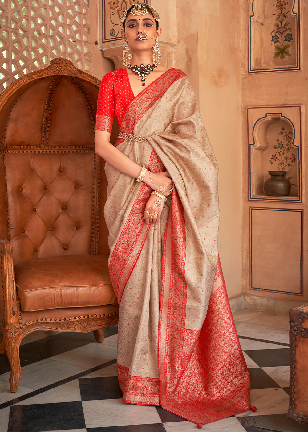 Tumbleweed Cream Zari Woven Banarasi Silk Saree