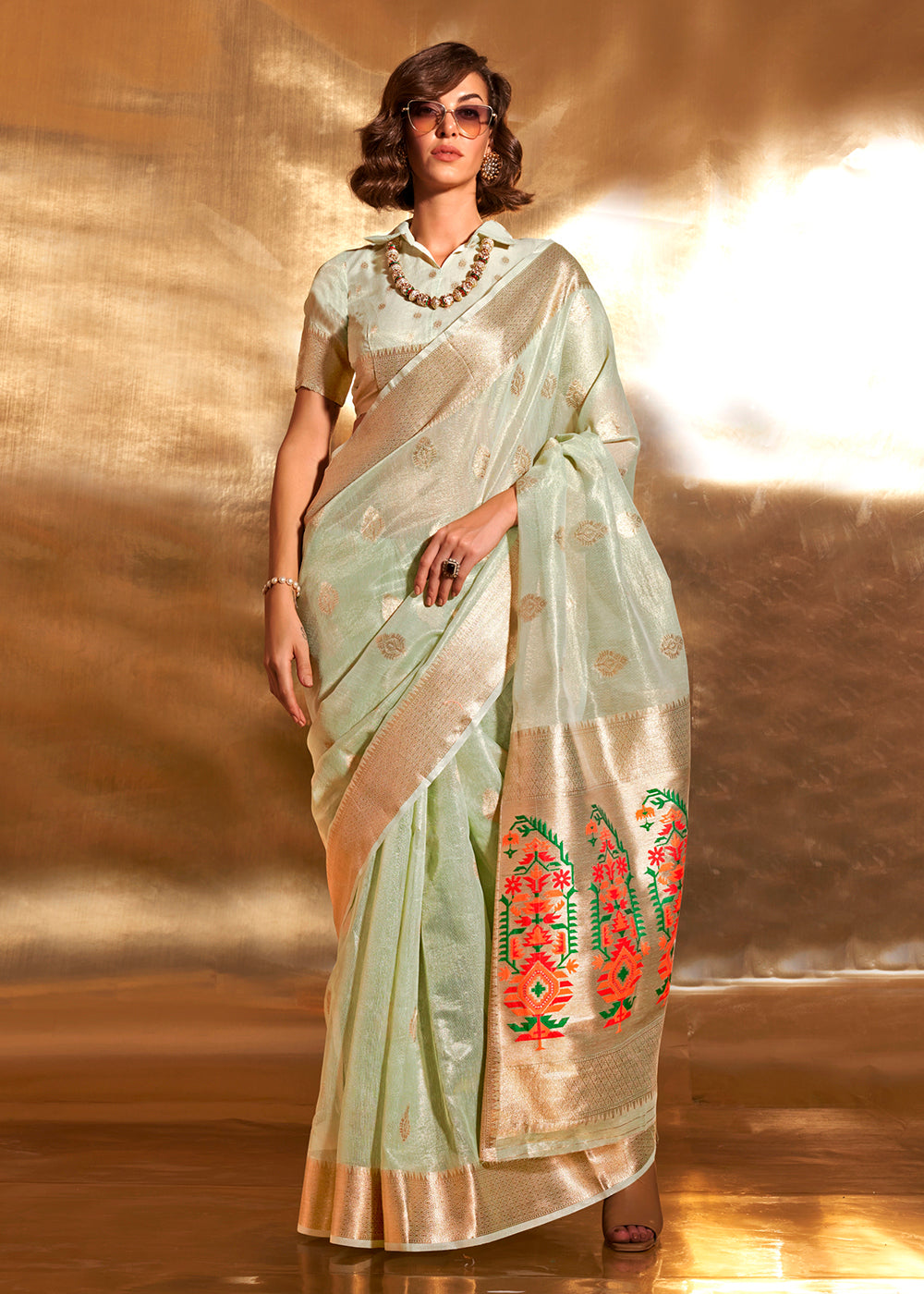 Hillary Green Handloom Tissue Silk Saree