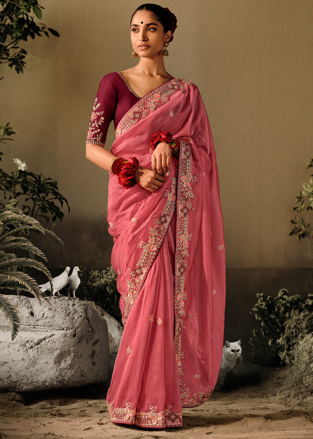 Sunglo Pink Embroidery Designer Banarasi Dola Silk Saree