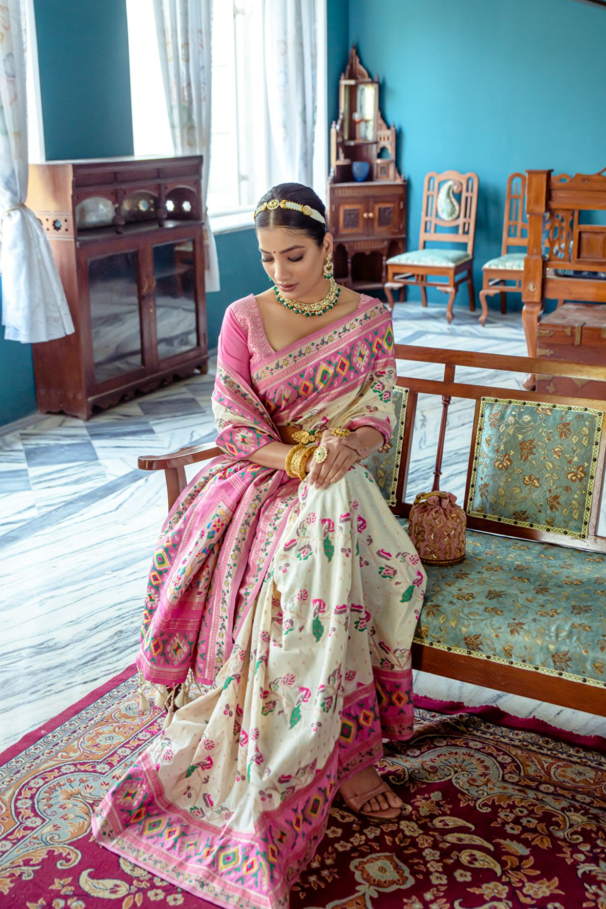 Off White and Pink Patola Fusion Paithani Silk Saree