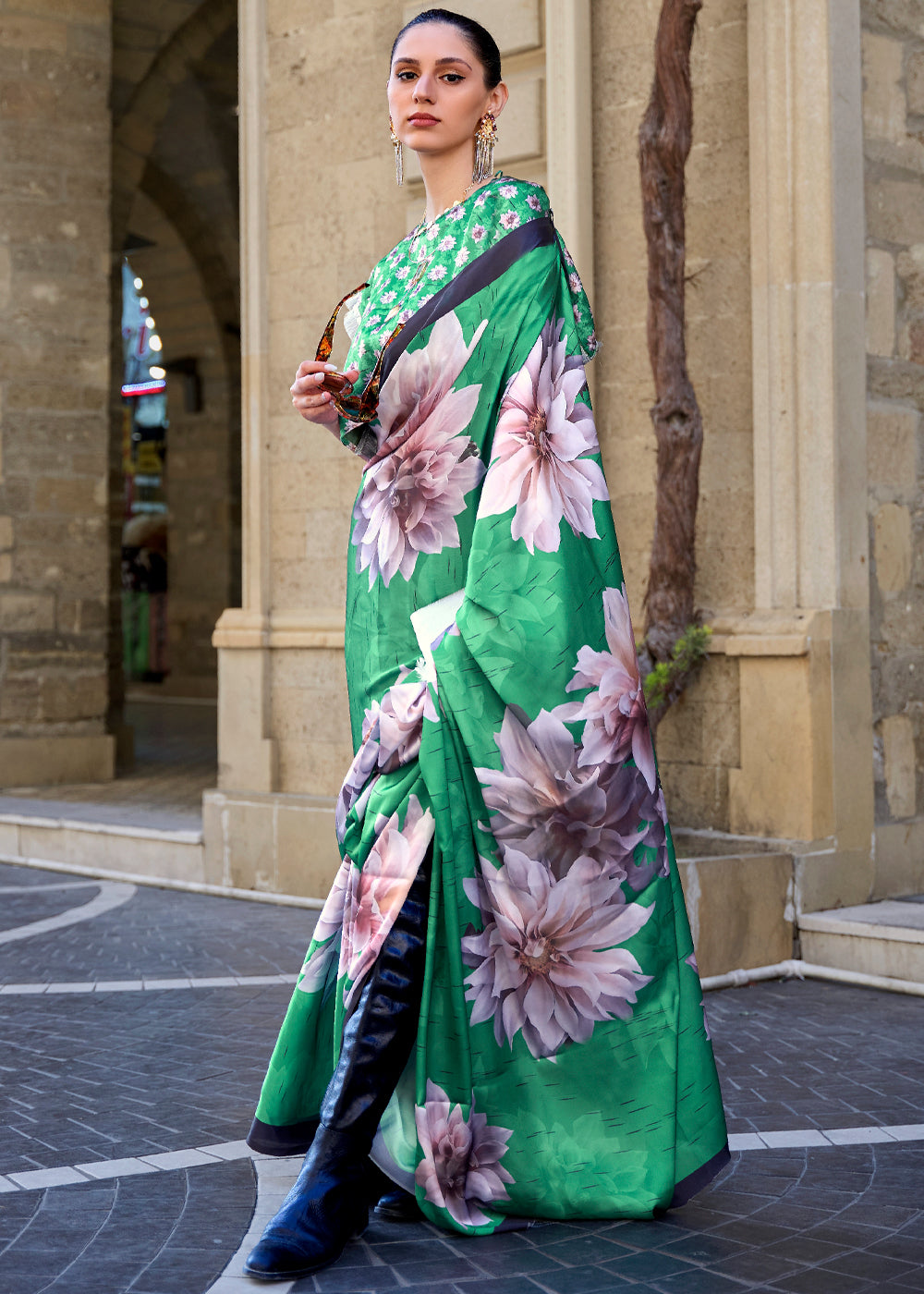 Shamrock Green Digital Printed Satin Silk Saree