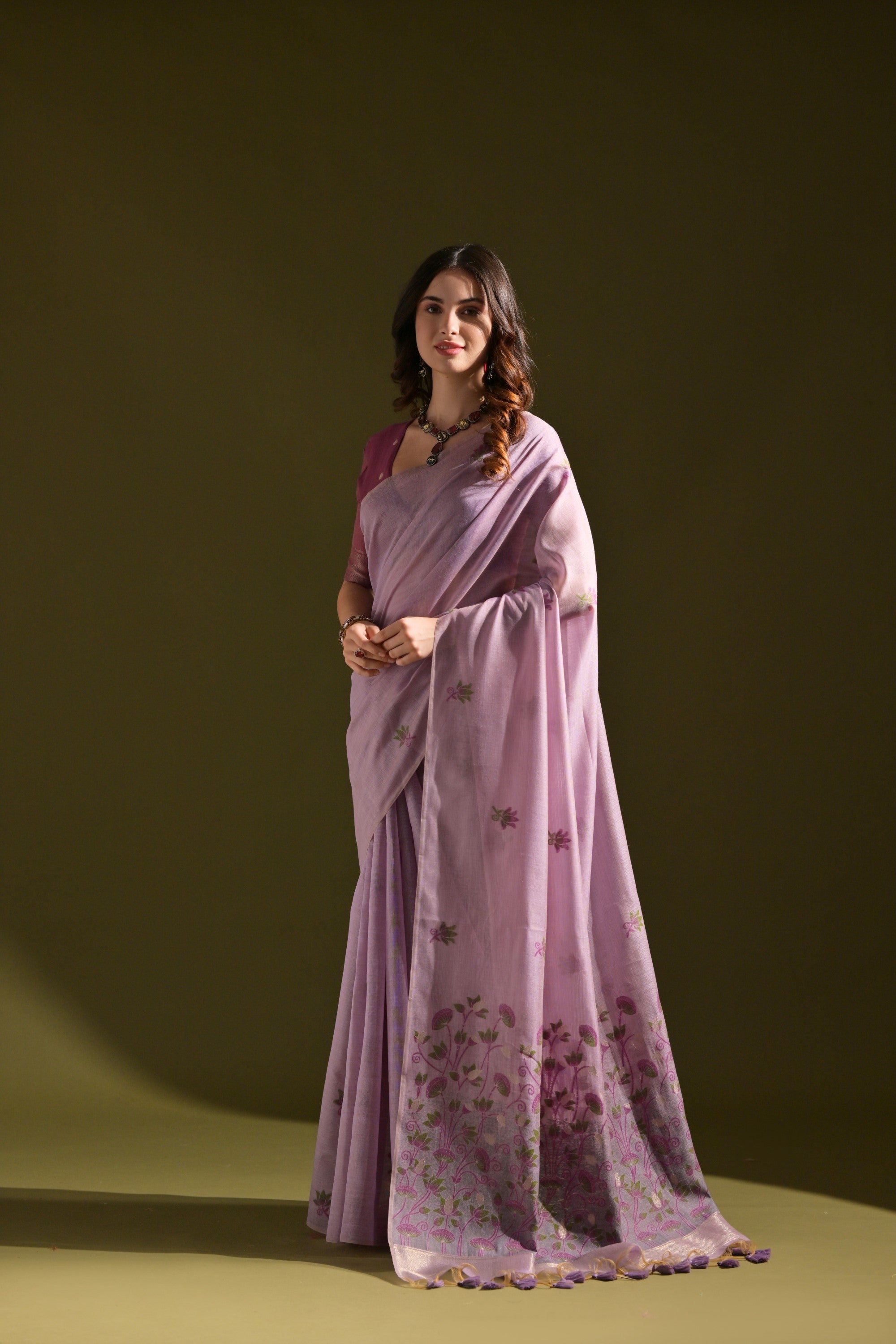 Falcon Purple Meenakari Woven Muga Cotton Saree