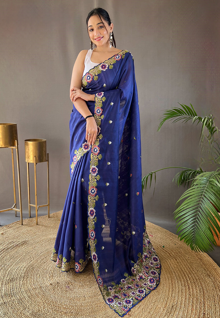 Chambray Blue Embroidered Tussar Silk Saree