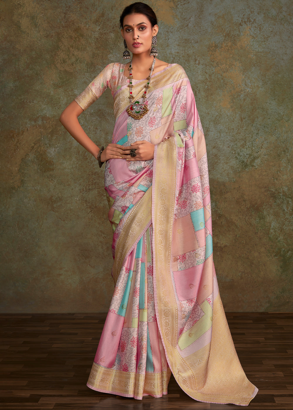 Turkish Rose Pink Digital Printed Soft Silk Saree