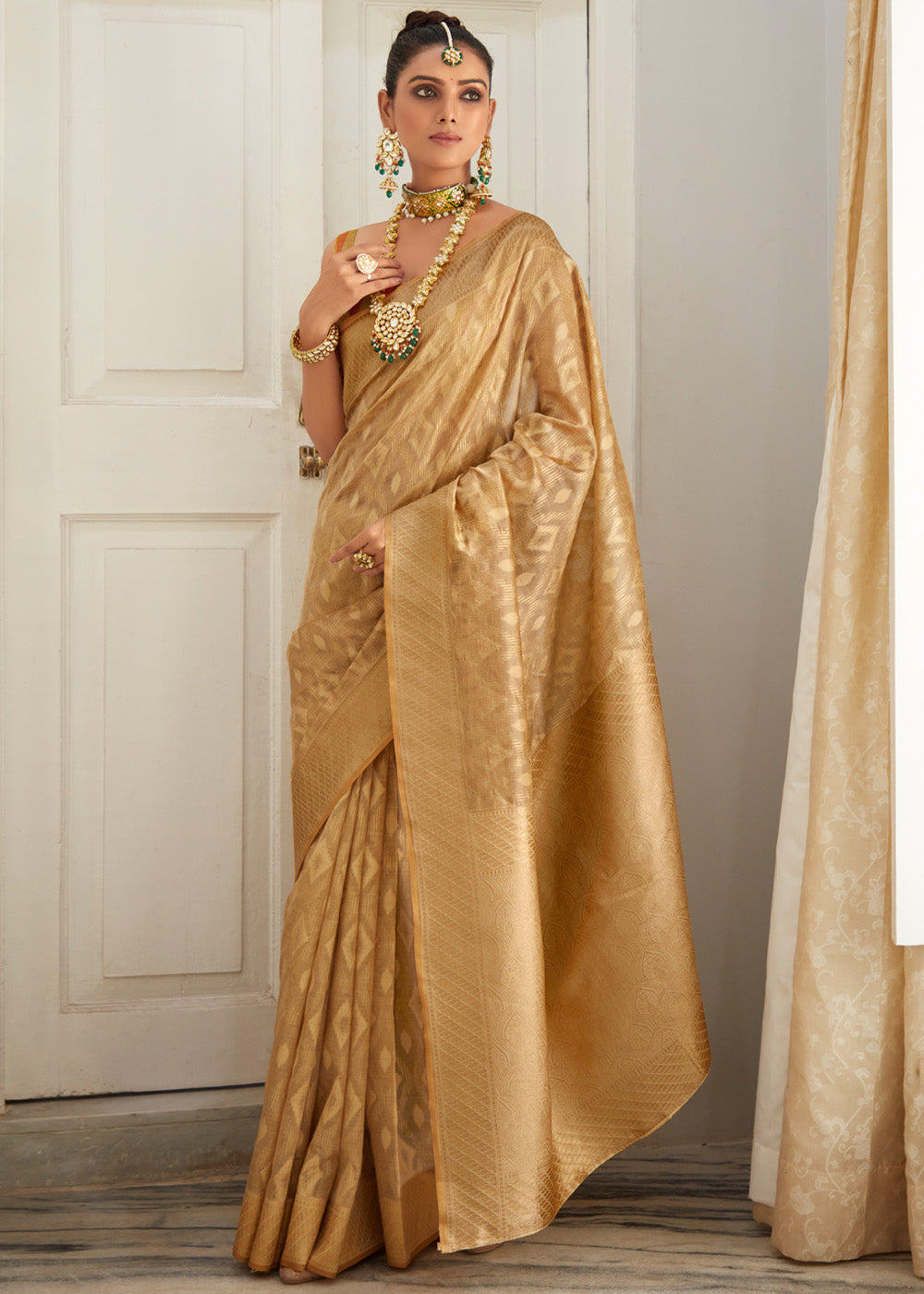 Aztec Gold Woven Banarasi Organza Silk Saree