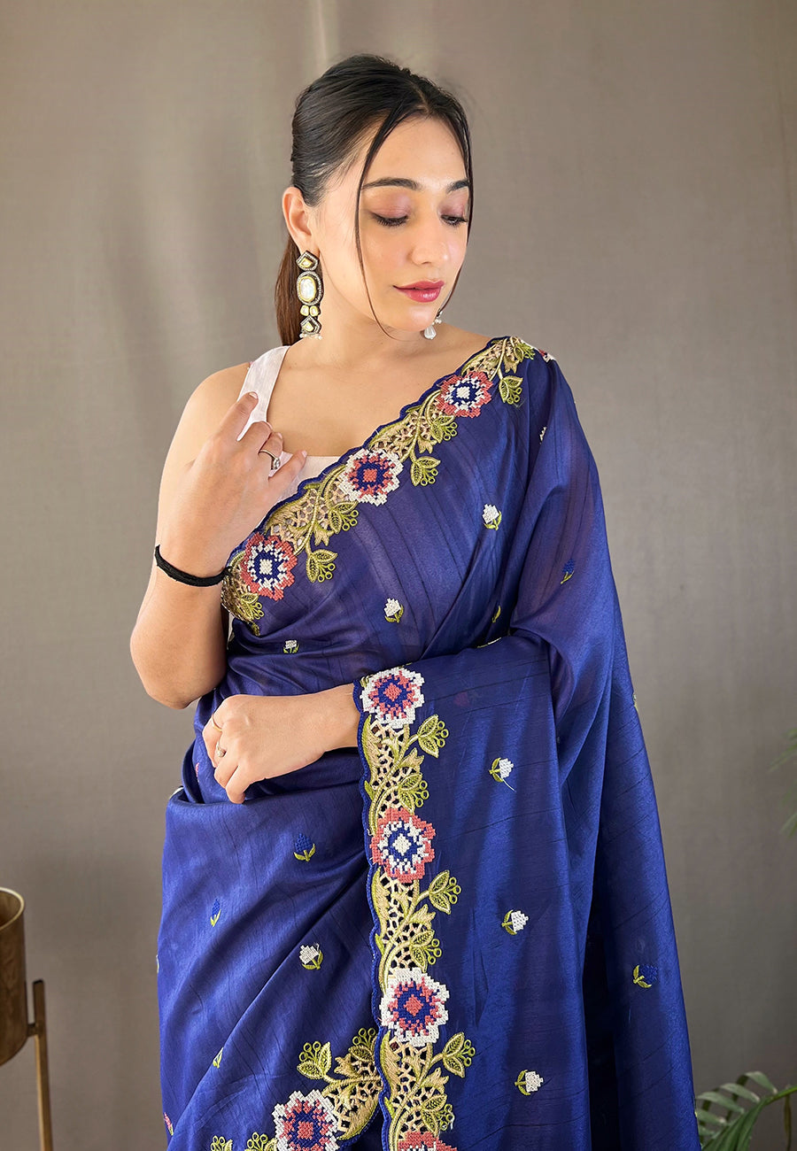 Chambray Blue Embroidered Tussar Silk Saree