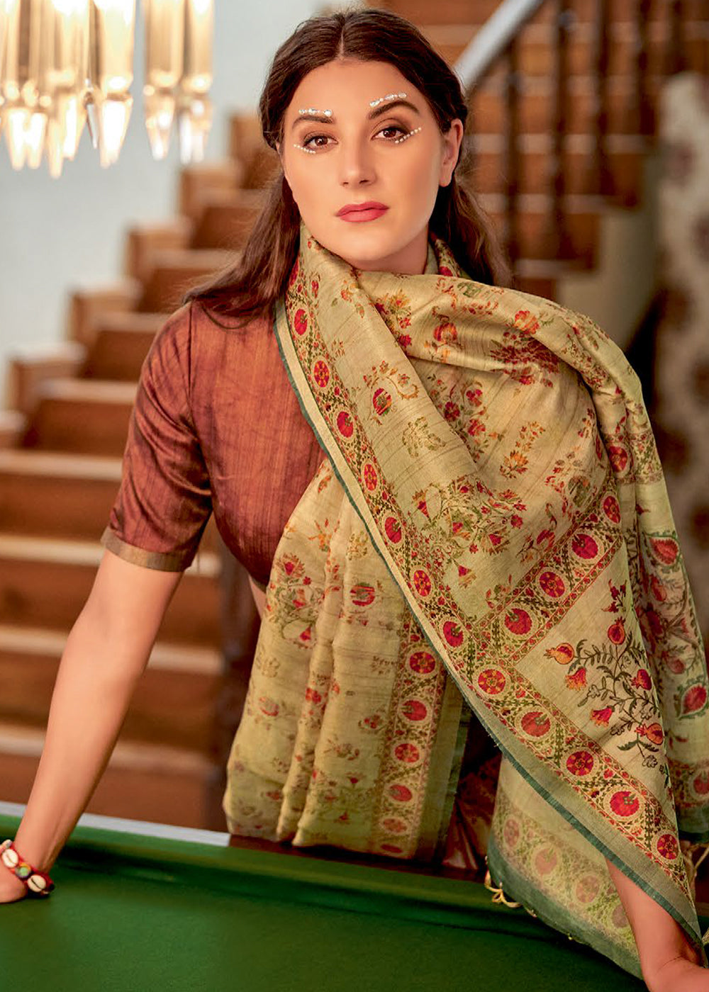 Copper Brown Banarasi Printed Silk Saree