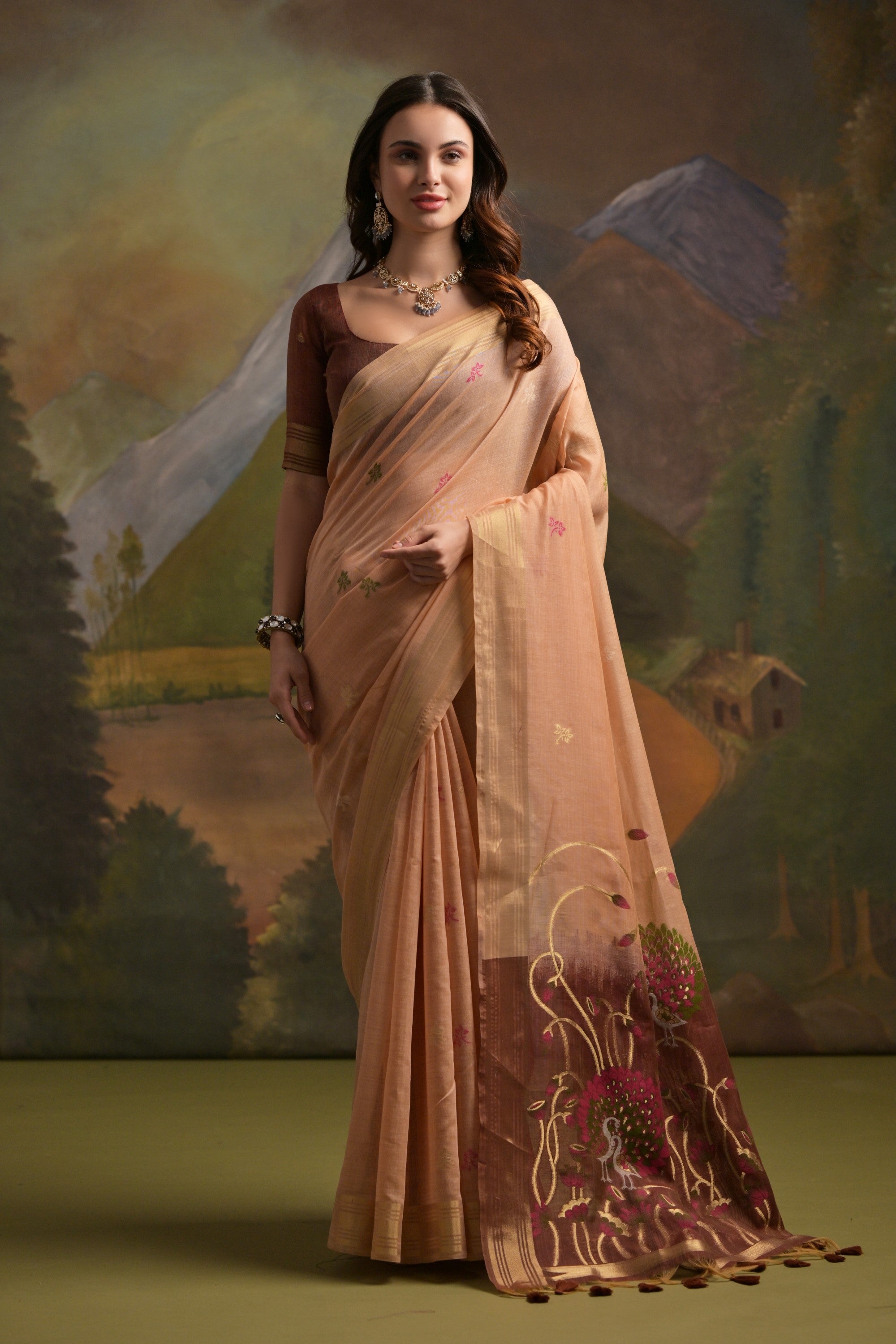 Candlelight Peach Pichwai Woven Muga Cotton Saree