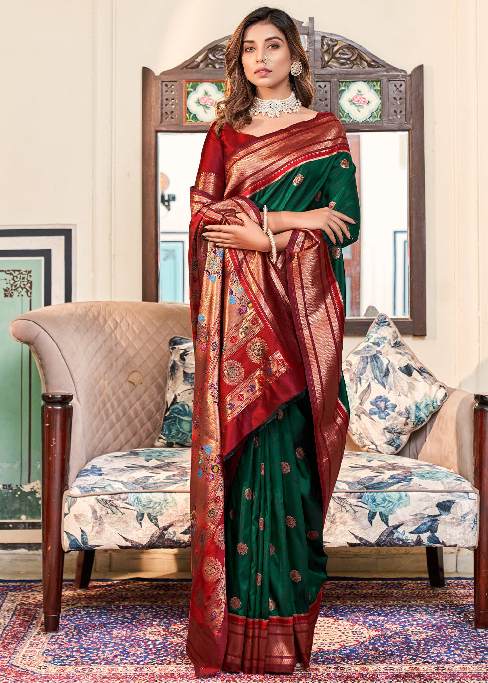 Basil Green Woven Paithani Soft Silk Saree