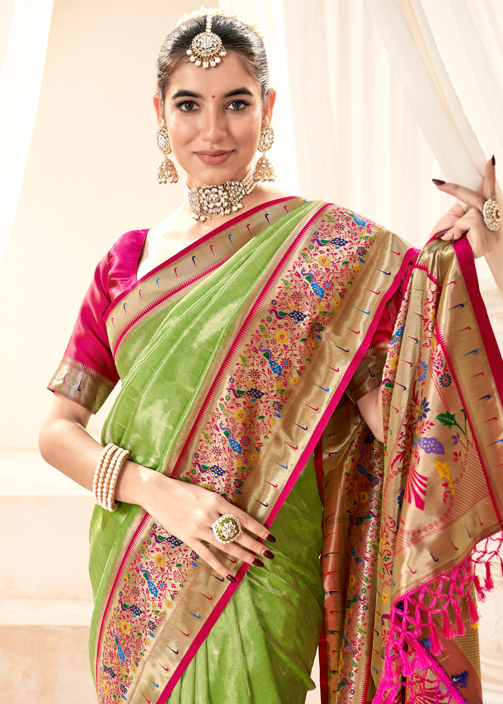 Parrot Green Woven Paithani Tissue Silk Saree