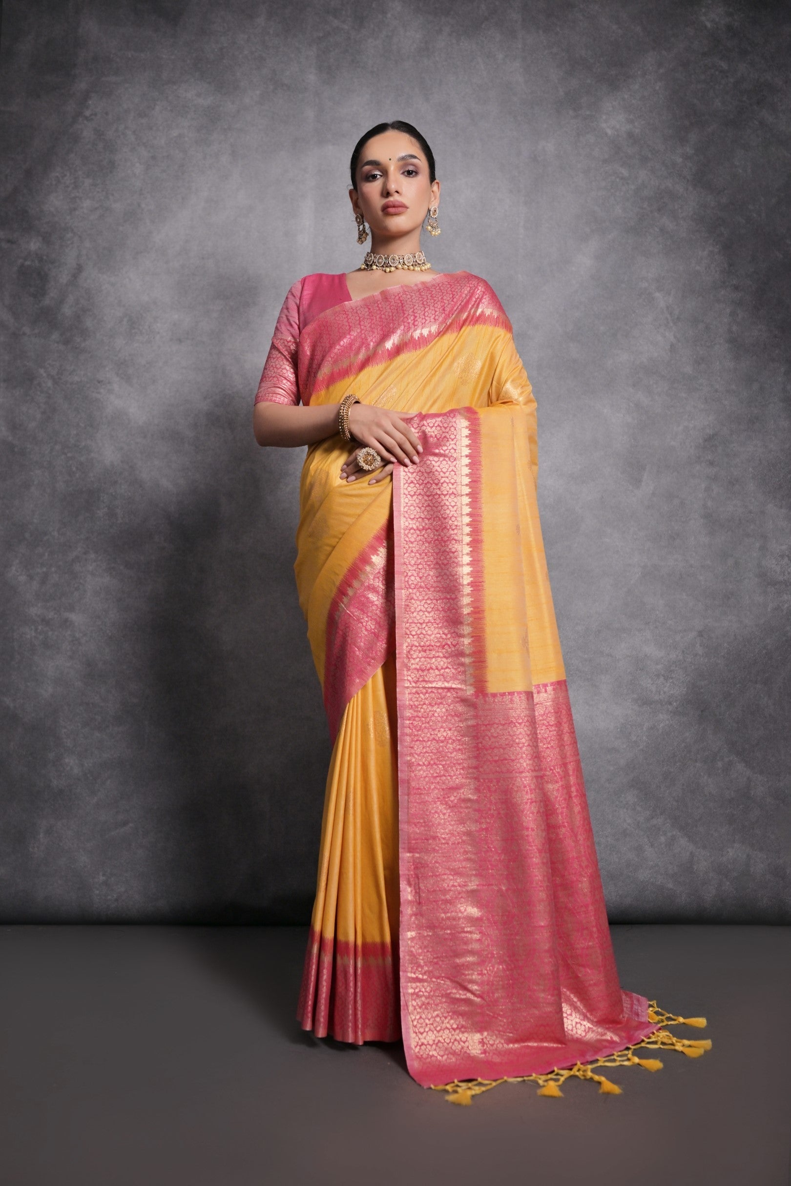 Porsche Yellow Tussar Temple Border Silk Saree