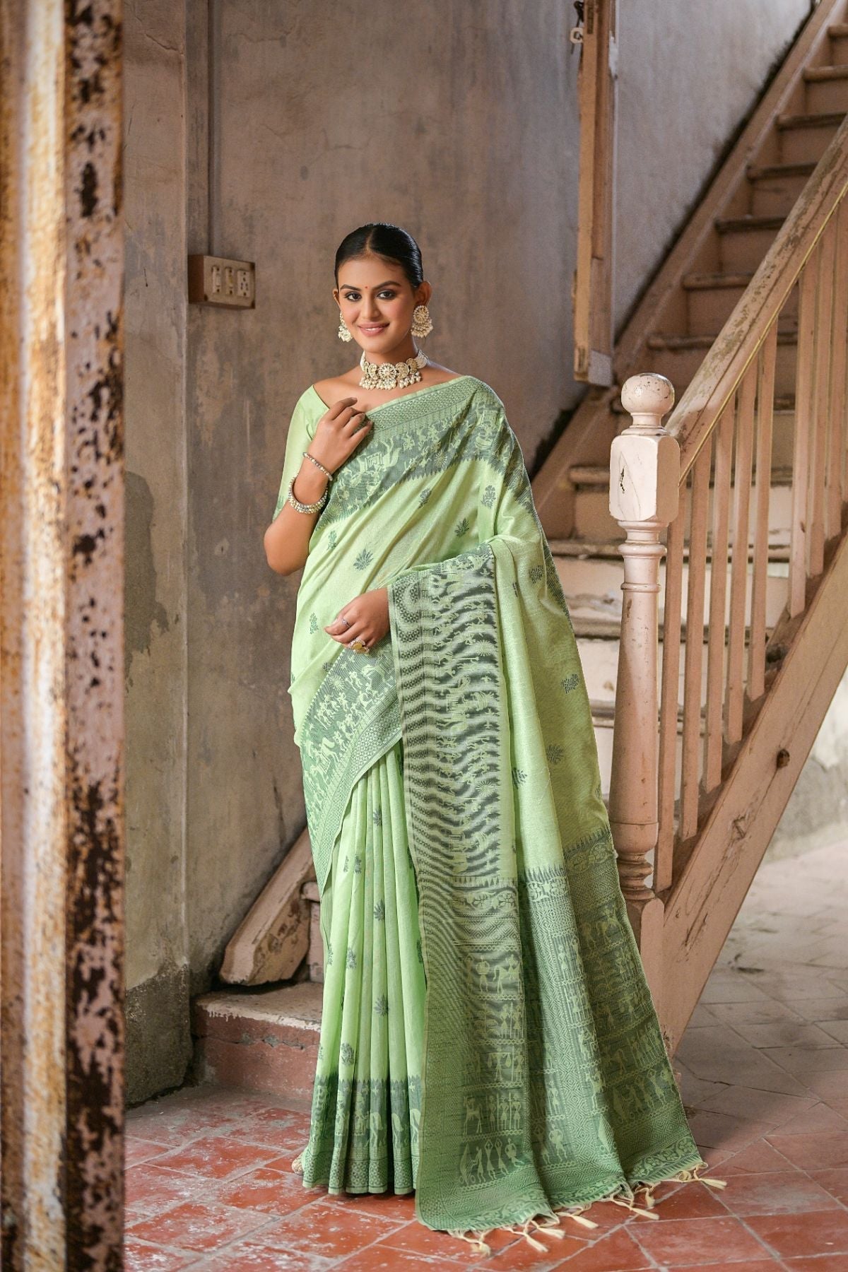 Thistle Green Handloom Banarasi Raw Silk Saree