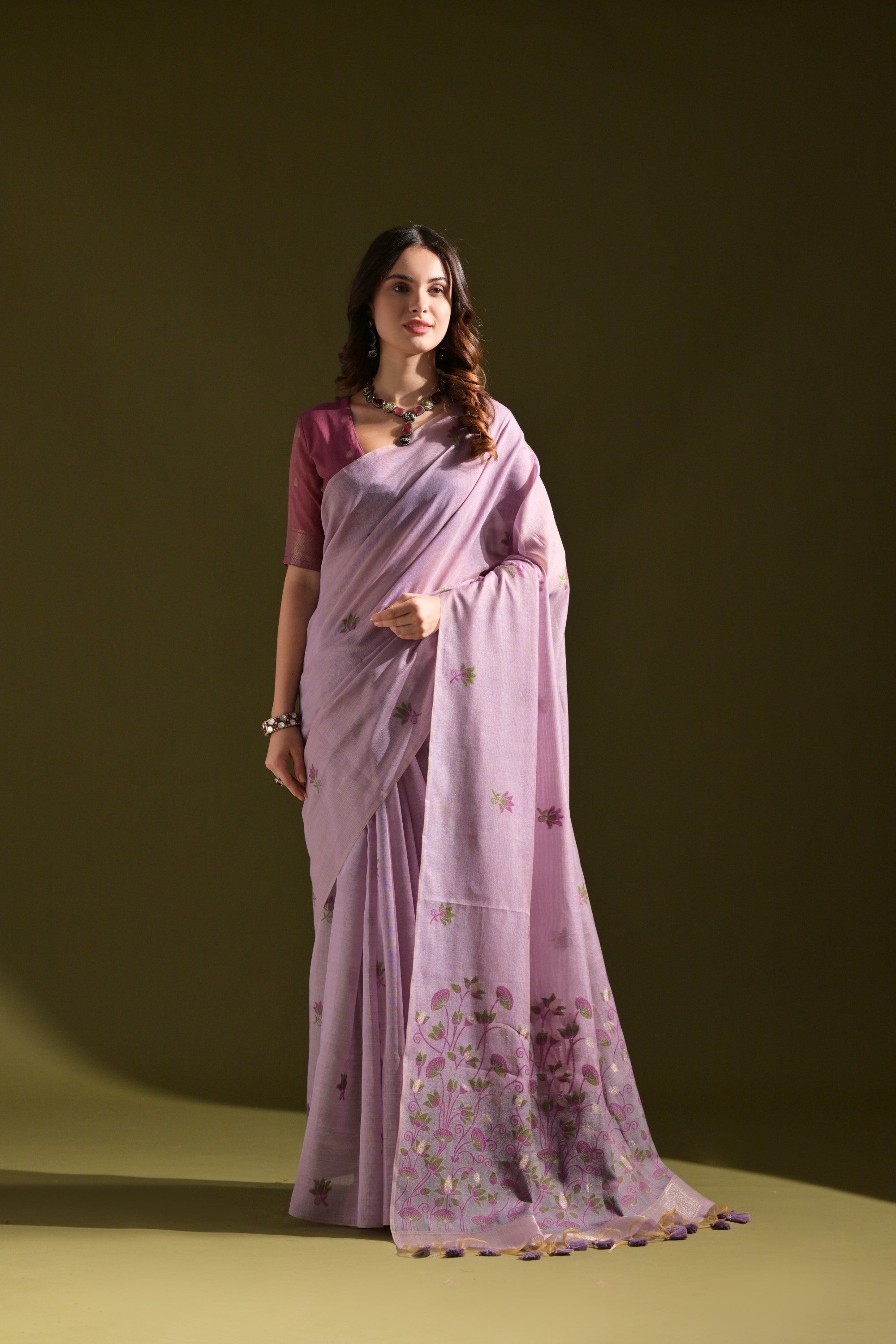 Falcon Purple Meenakari Woven Muga Cotton Saree