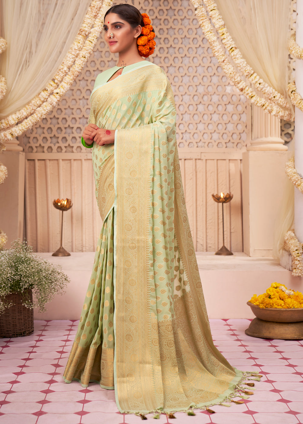 Winter Hazel Green Woven Georgette Saree