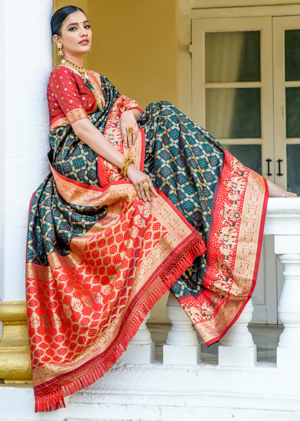 Bottle Green Woven Banarasi Bandhani Silk Saree