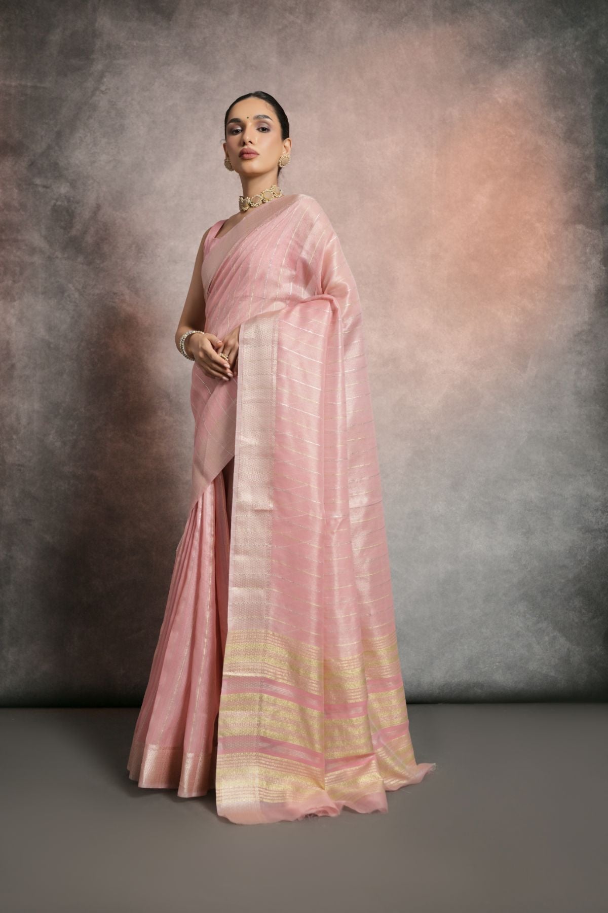 Eunry Pink Tissue Cotton Saree