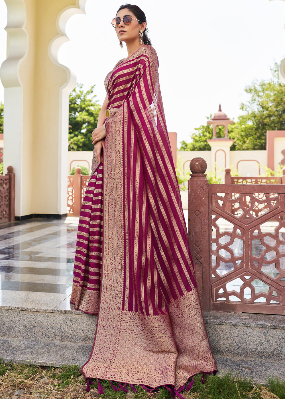 Rose Bud Cherry Purple Woven Lehriya Georgette Saree