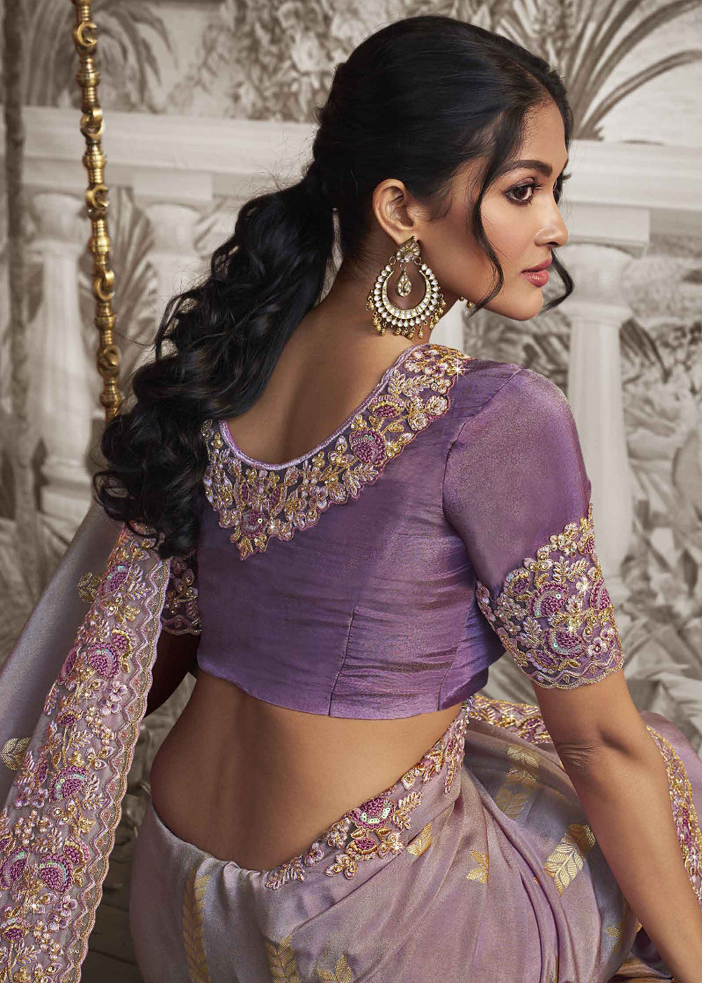 Heather Purple Embroidered Designer Silk Saree