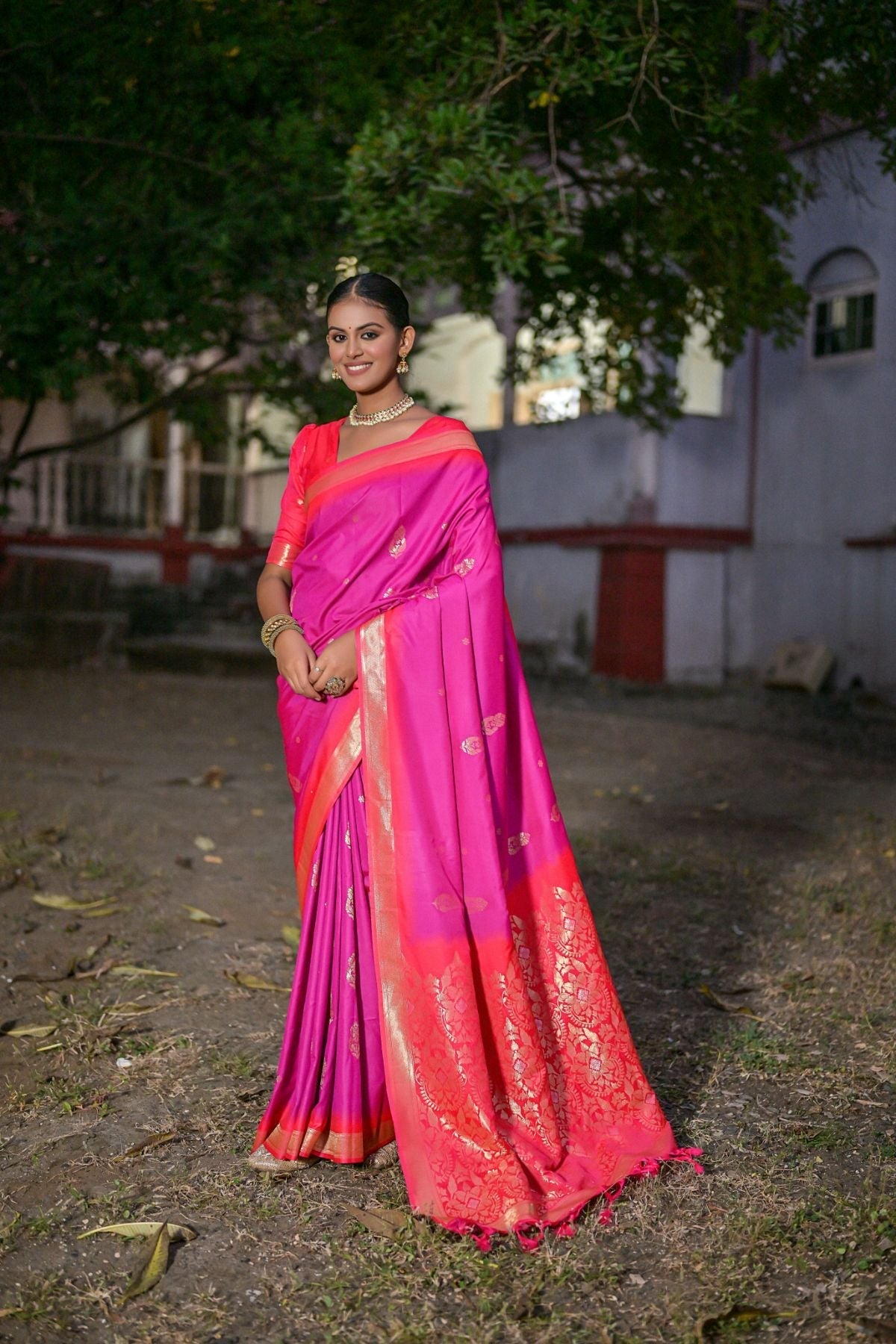 Brilliant Rose Pink Banarasi Soft Silk Saree