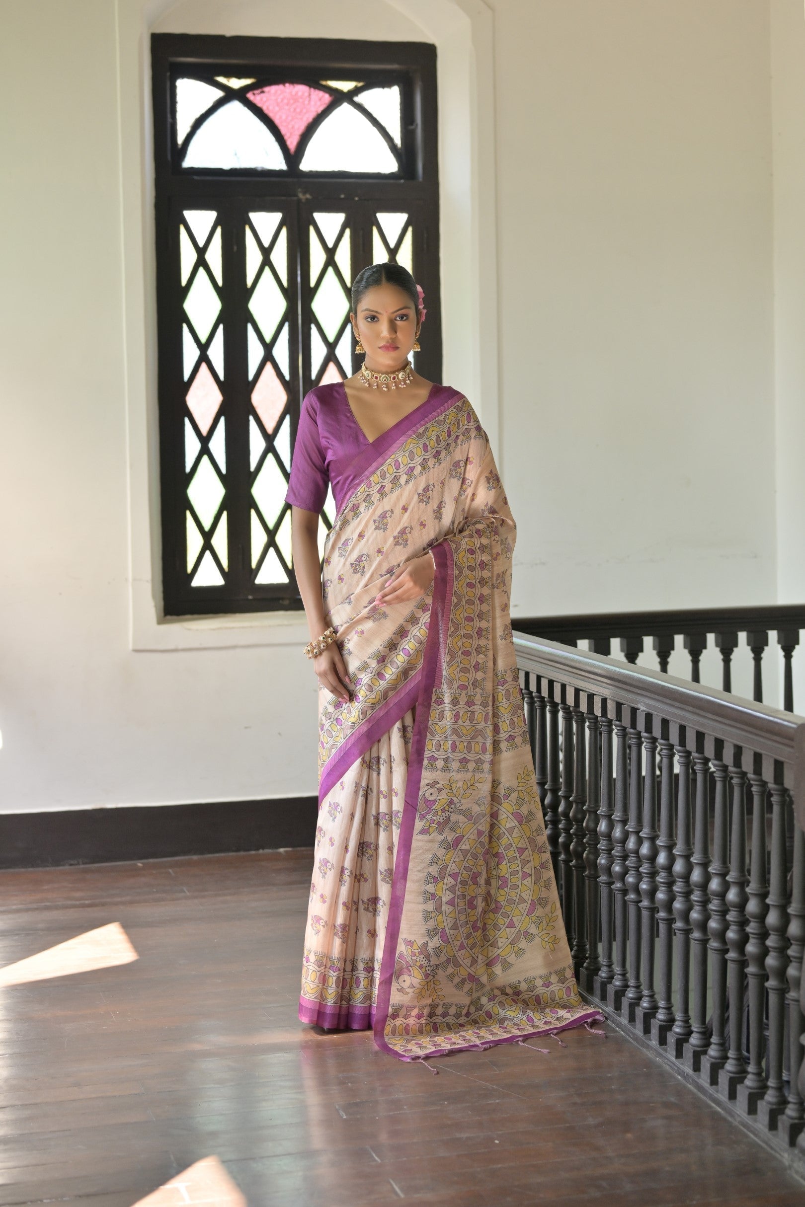 Sidecar Cream and Purple Madhubani Printed Tussar Silk Saree