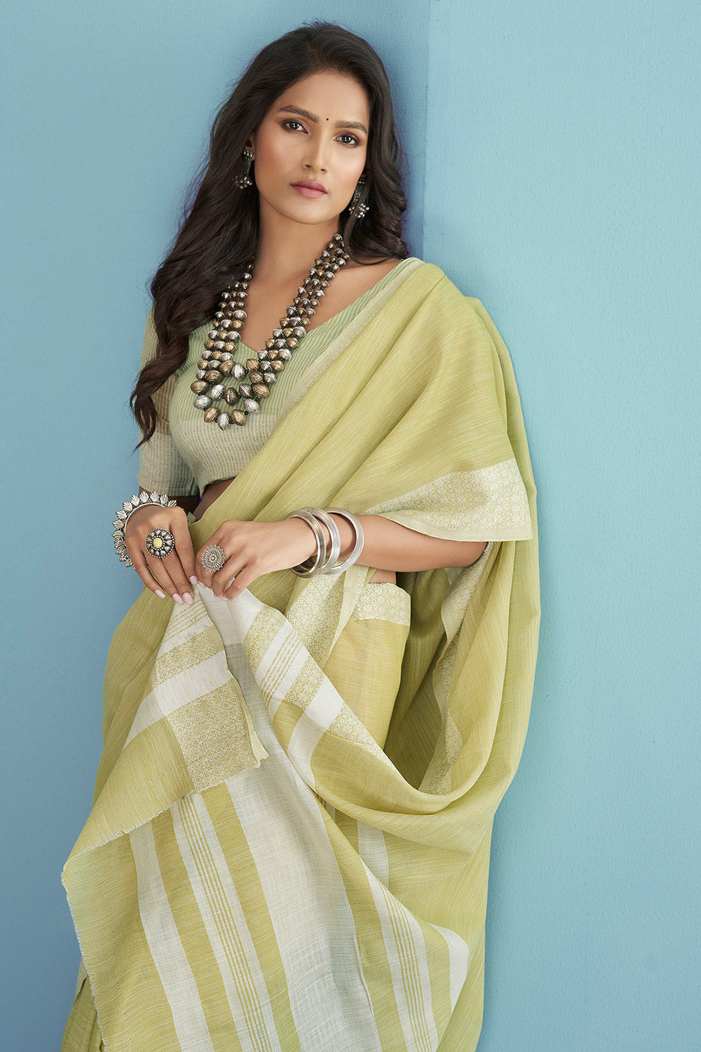 Winter Hazel Green Linen Saree