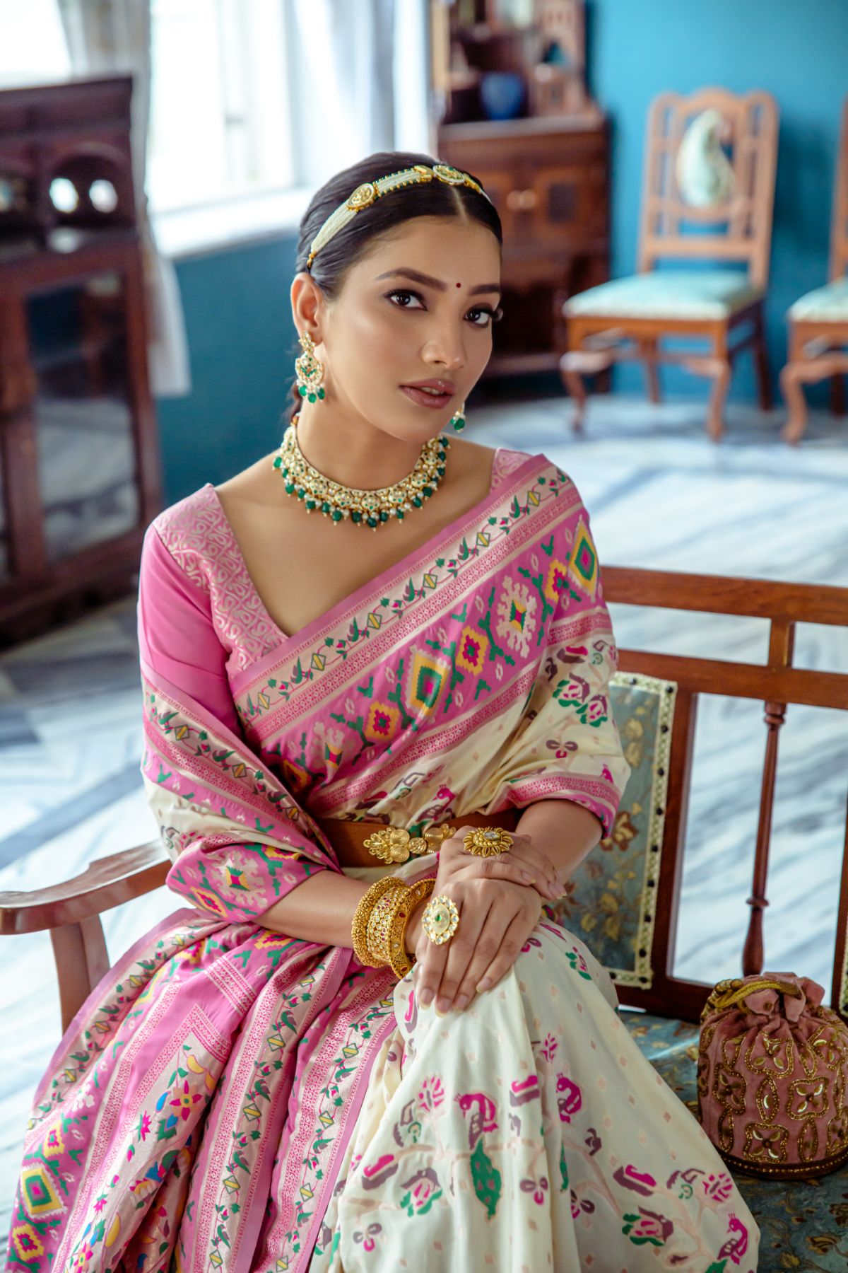 Off White and Pink Patola Fusion Paithani Silk Saree