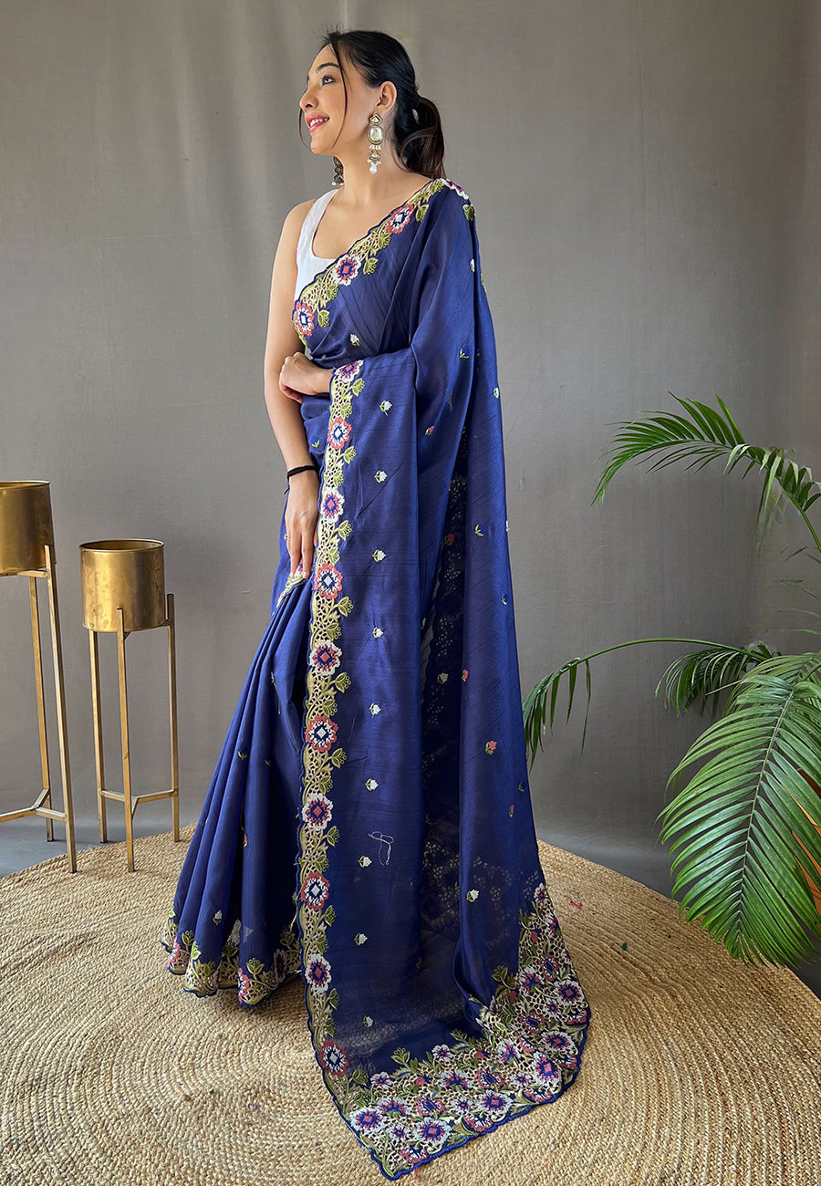 Chambray Blue Embroidered Tussar Silk Saree