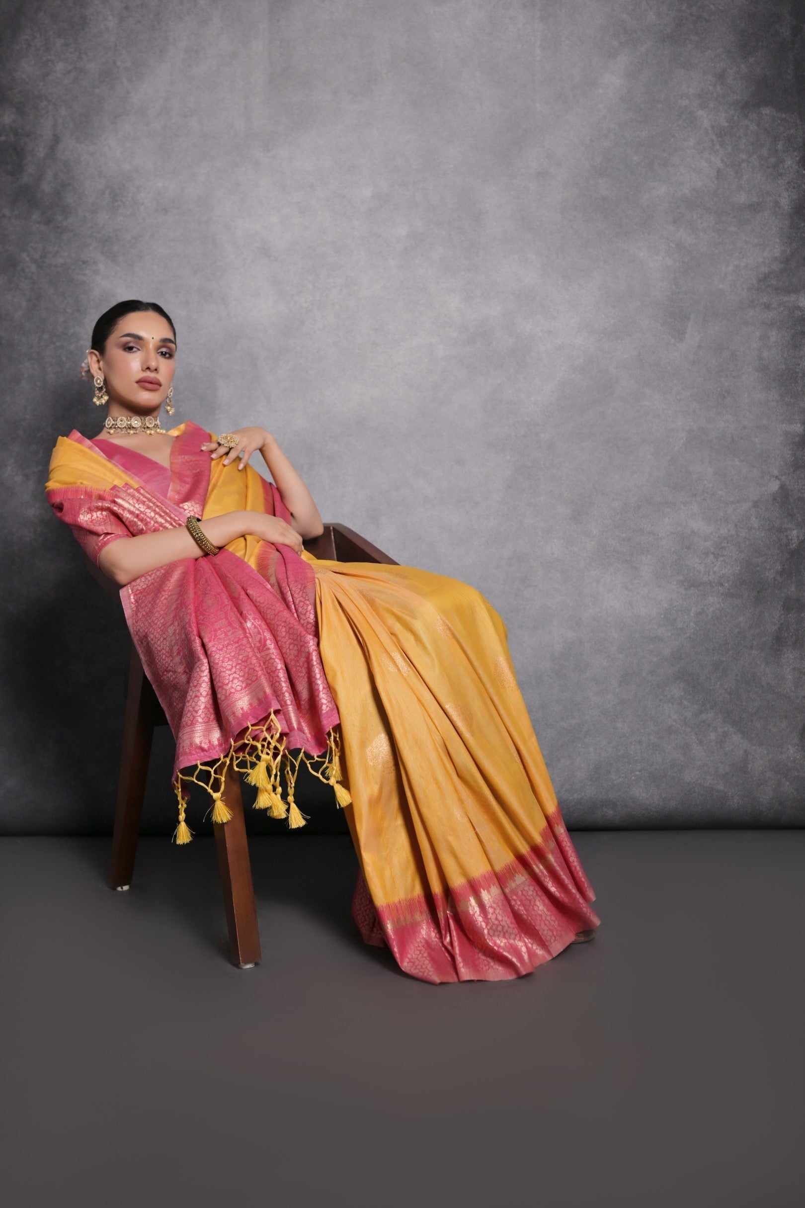 Porsche Yellow Tussar Temple Border Silk Saree