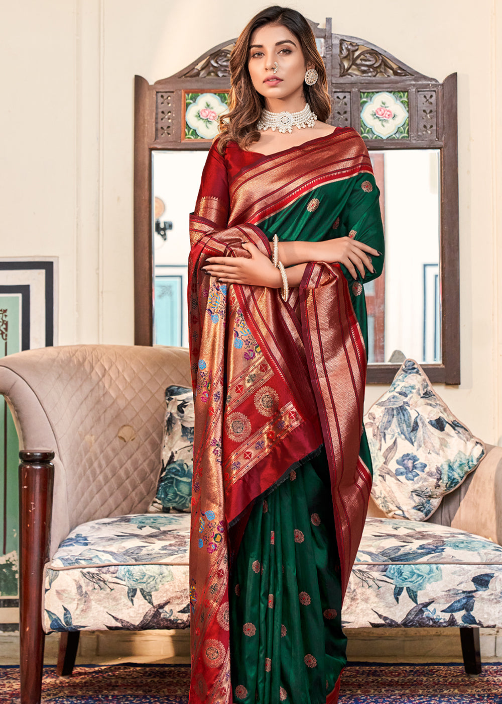 Basil Green Woven Paithani Soft Silk Saree