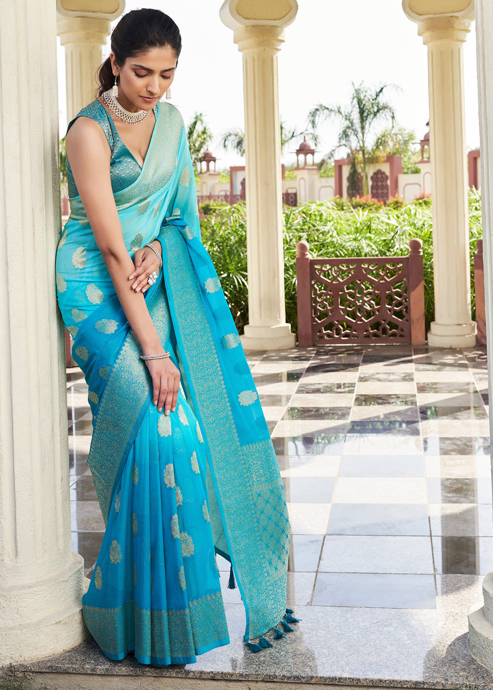 Bondi Blue Zari Woven Georgette Saree