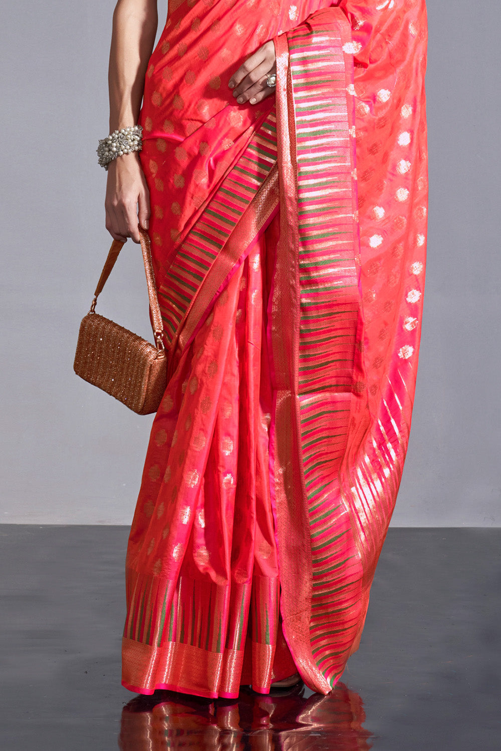 Bittersweet Orange Banarasi Handloom Temple Border Silk Saree