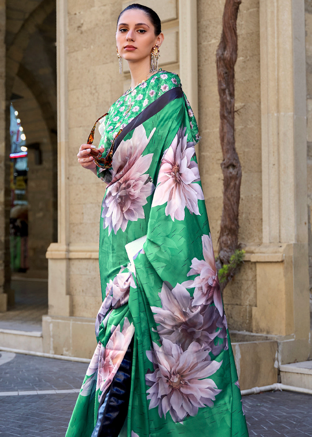 Shamrock Green Digital Printed Satin Silk Saree