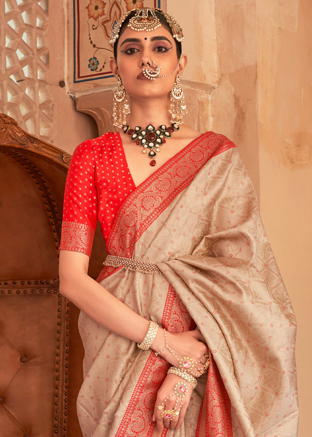 Tumbleweed Cream Zari Woven Banarasi Silk Saree