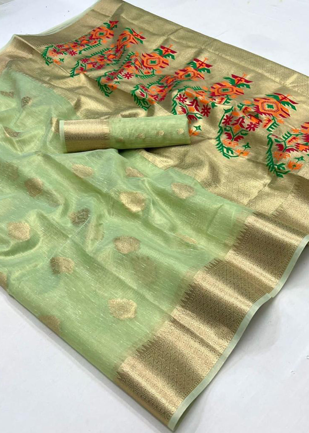 Hillary Green Handloom Tissue Silk Saree