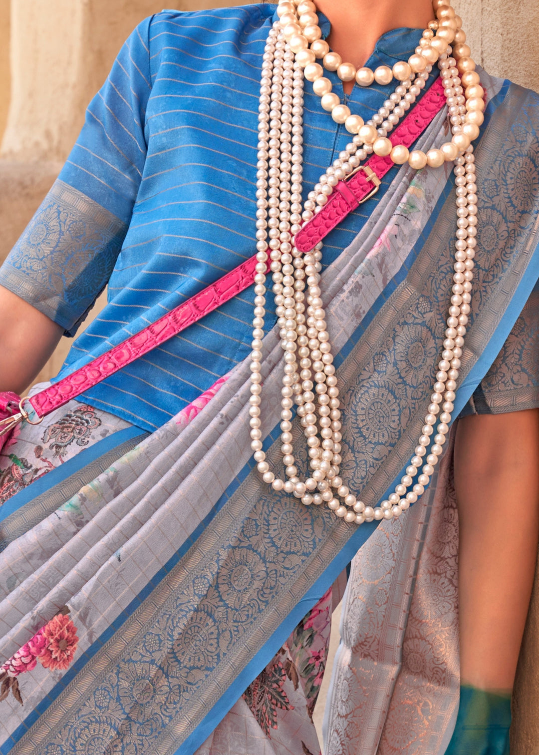 Opal Blue Georgette Handloom Printed Saree