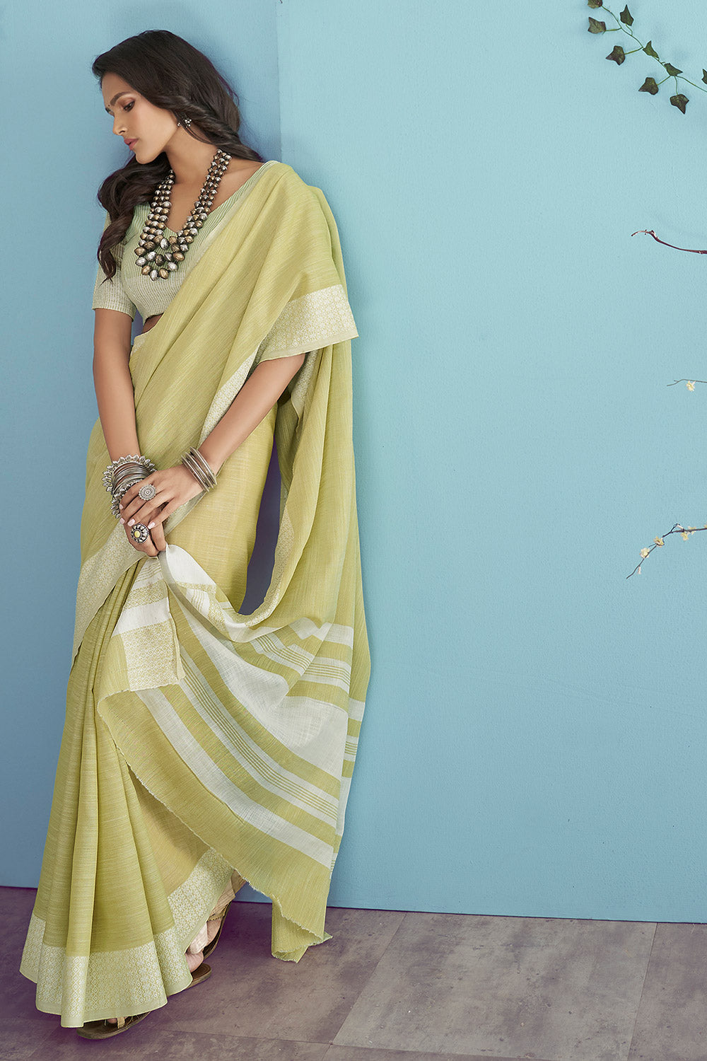 Winter Hazel Green Linen Saree