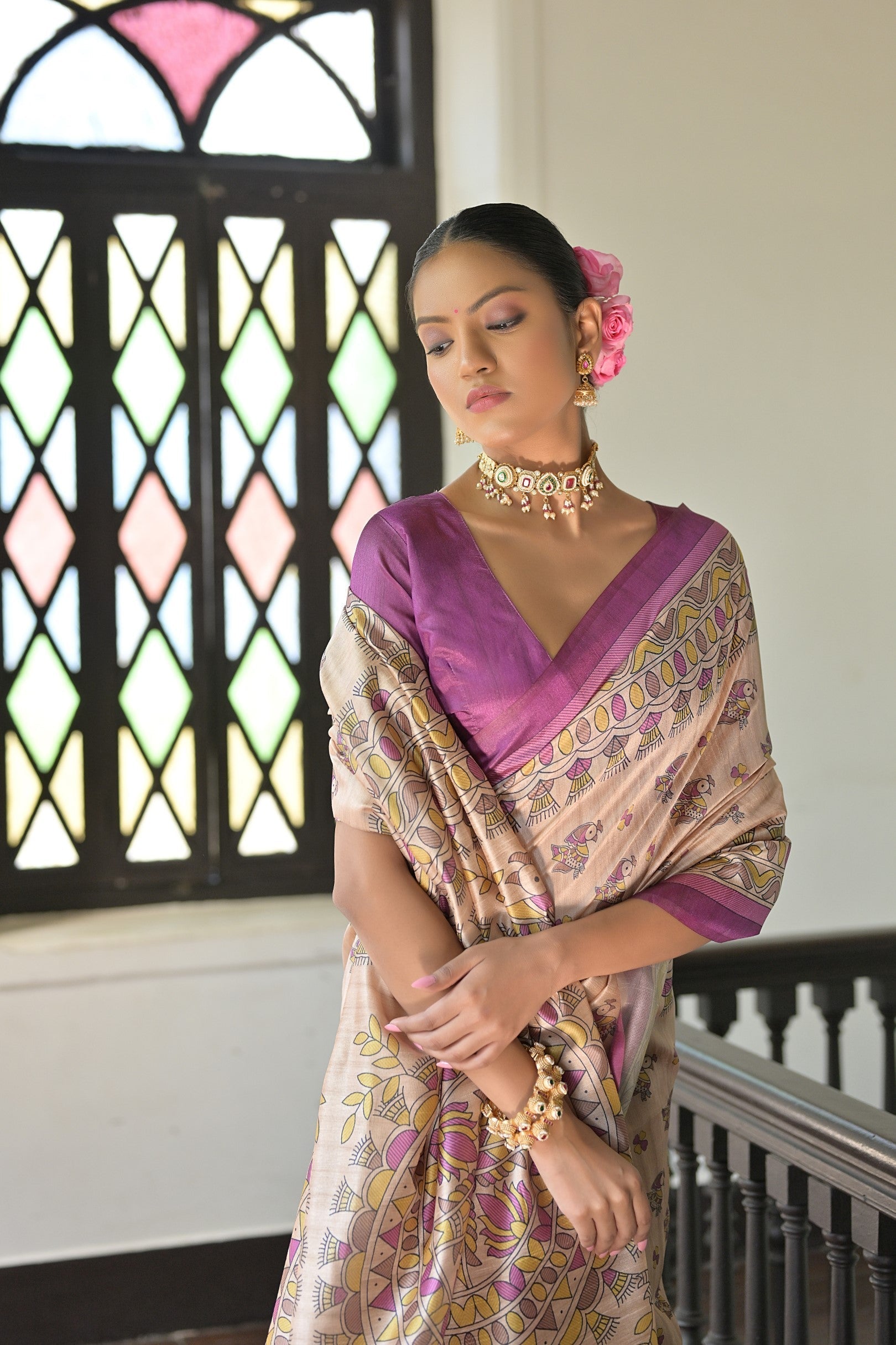 Sidecar Cream and Purple Madhubani Printed Tussar Silk Saree