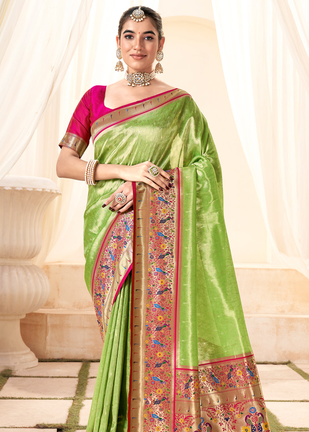 Parrot Green Woven Paithani Tissue Silk Saree