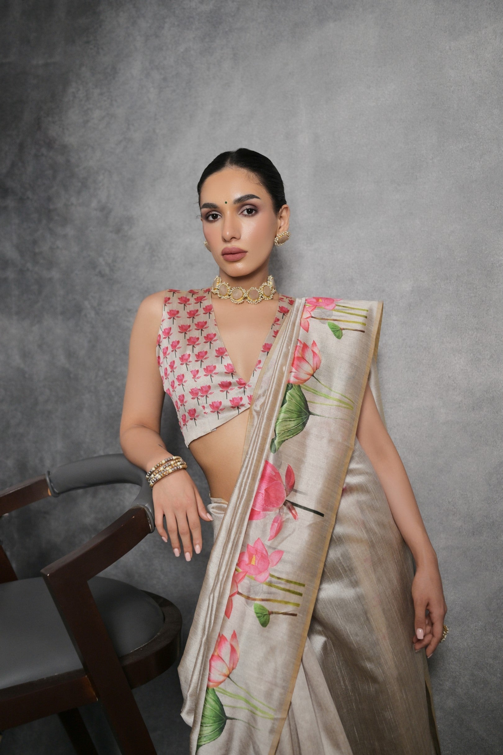 Soft Amber Cream Floral Printed Tussar Silk Saree