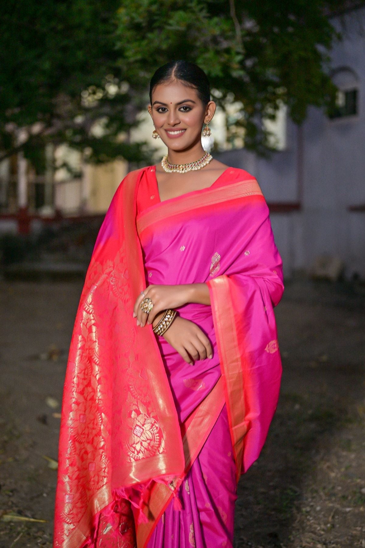 Brilliant Rose Pink Banarasi Soft Silk Saree