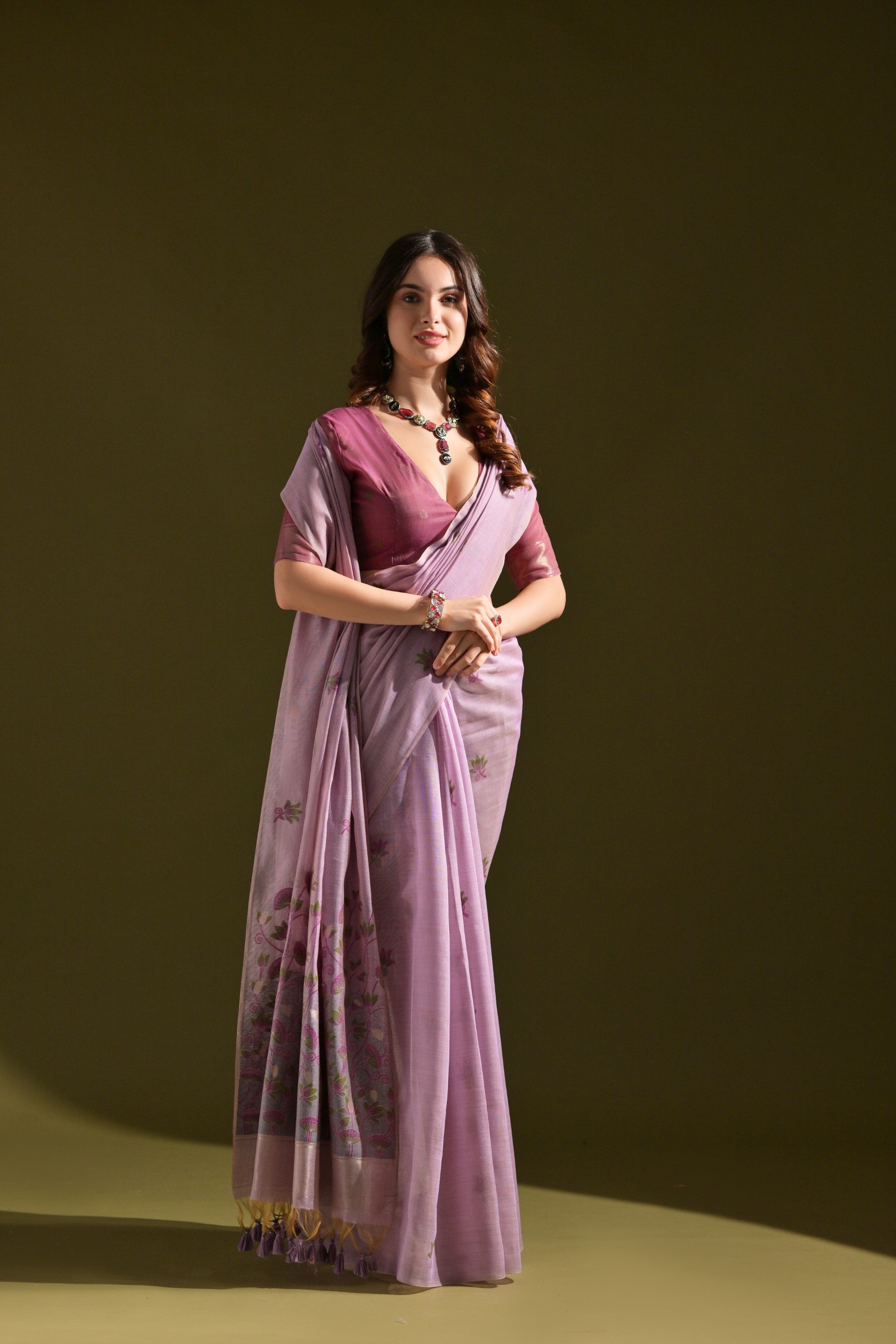 Falcon Purple Meenakari Woven Muga Cotton Saree