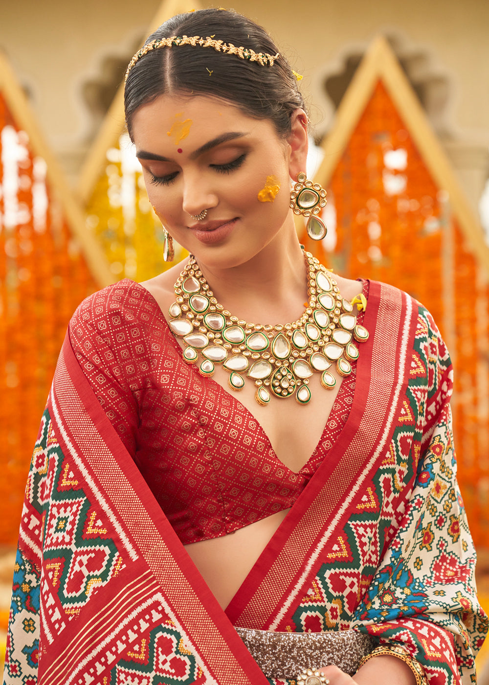 Malta Grey and Red Printed Patola Silk Saree