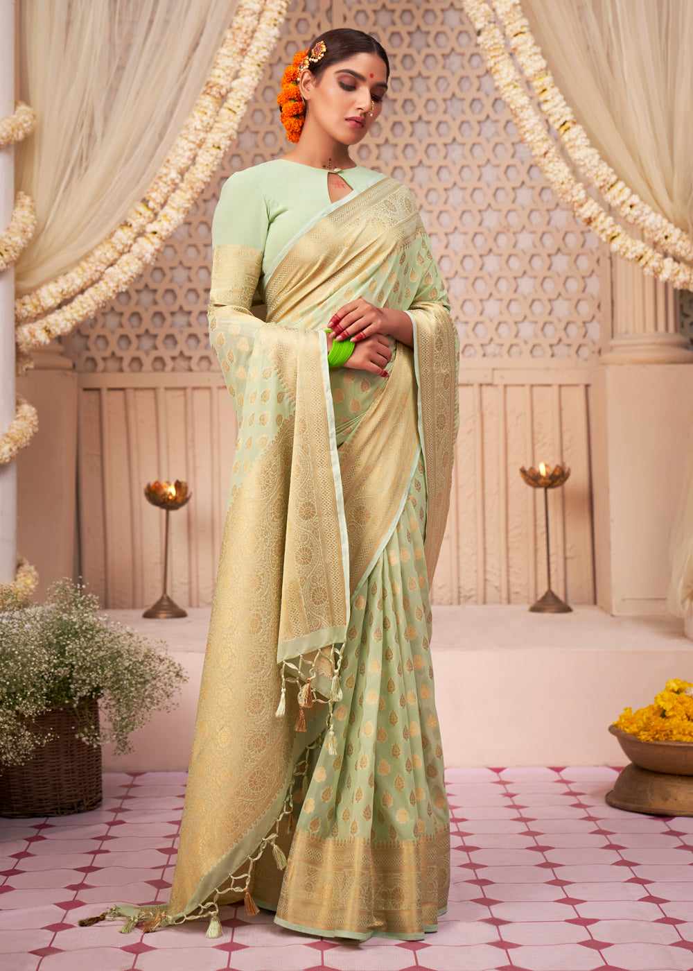 Winter Hazel Green Woven Georgette Saree