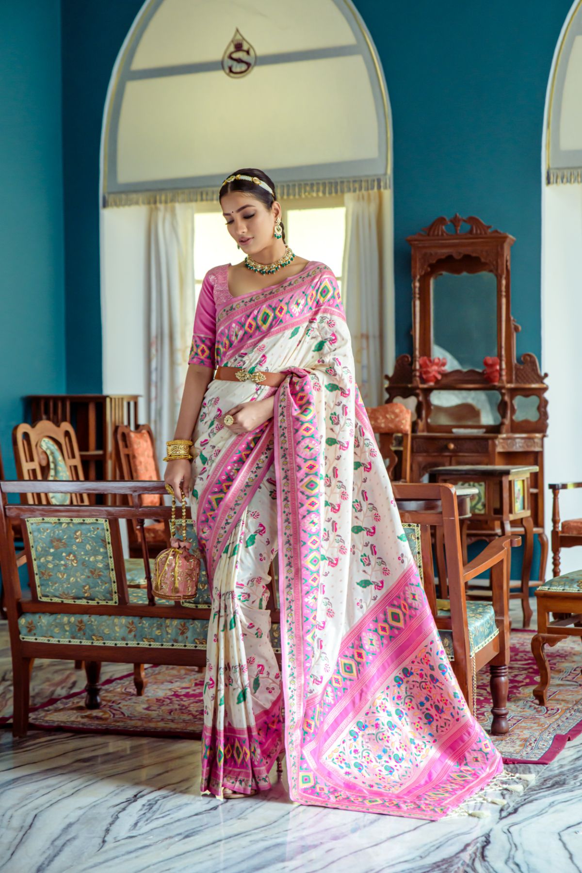 Off White and Pink Patola Fusion Paithani Silk Saree