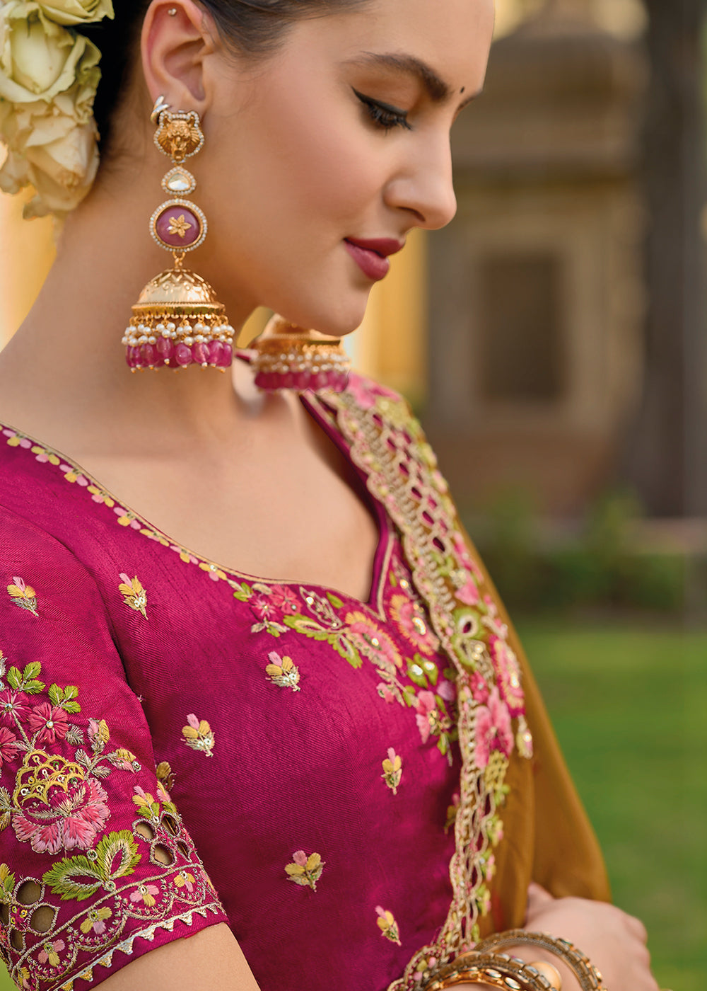 Hawaiian Tan Yellow Tissue Organza Embroidered Silk Saree