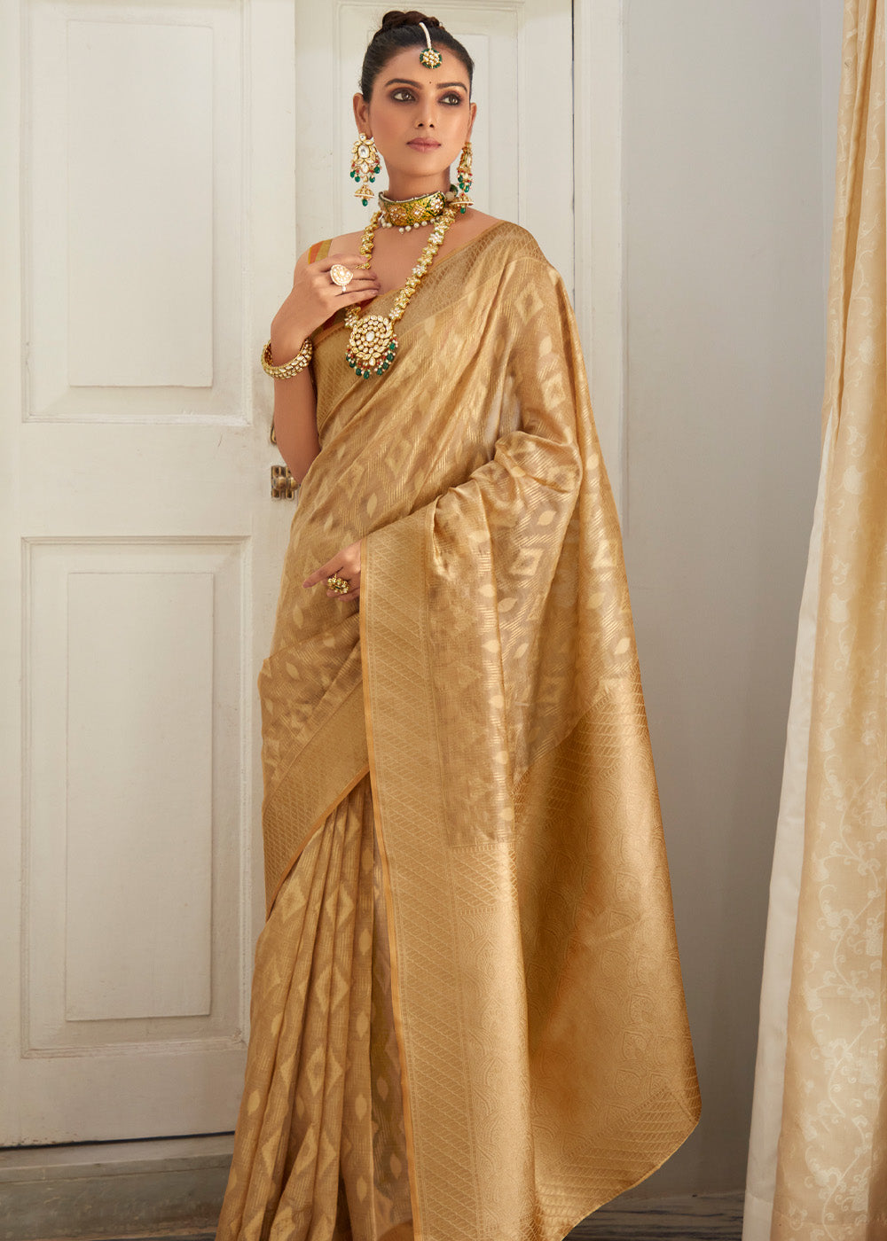 Aztec Gold Woven Banarasi Organza Silk Saree