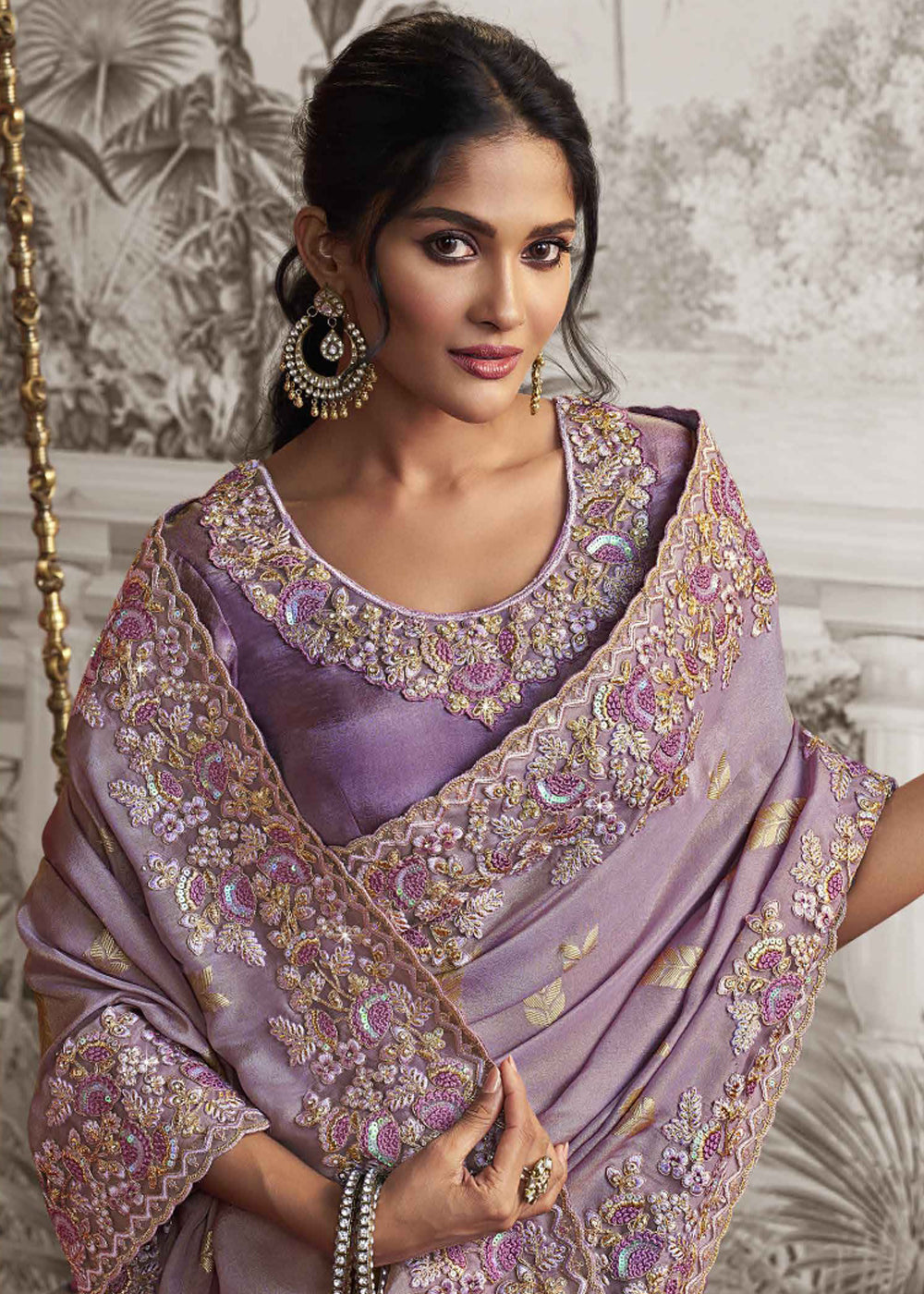 Heather Purple Embroidered Designer Silk Saree