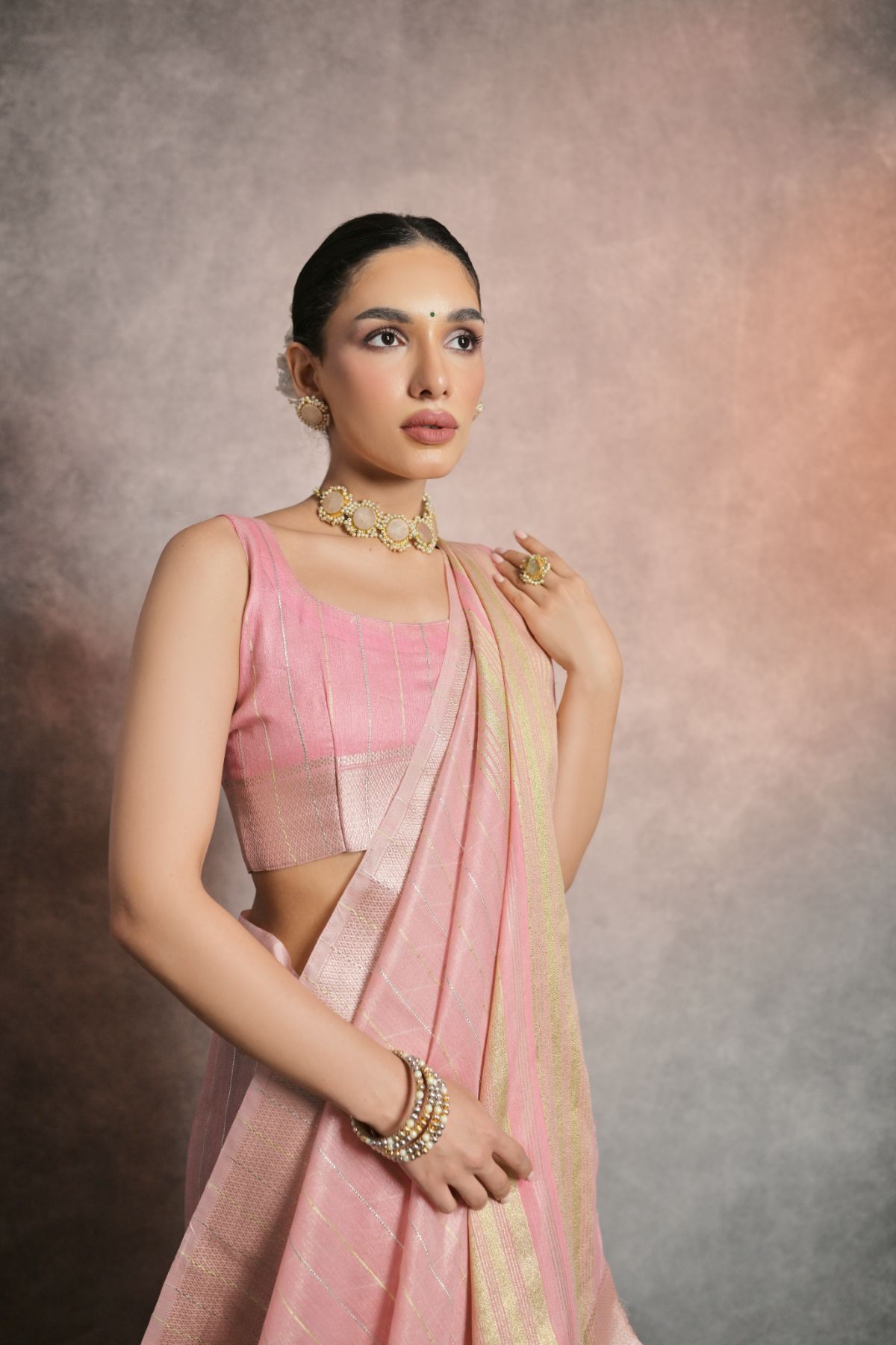 Eunry Pink Tissue Cotton Saree